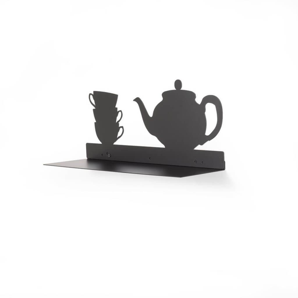 Black Metal Kitchen Utility Shelf With Teapot And Coffee Cups Design 