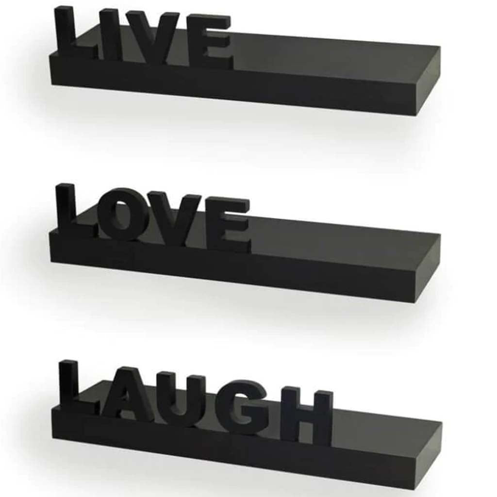 Black Decorative &quot;Live&quot; &quot;Love&quot; &quot;Laugh&quot; Floating Wall Shelves (Set Of 3) 