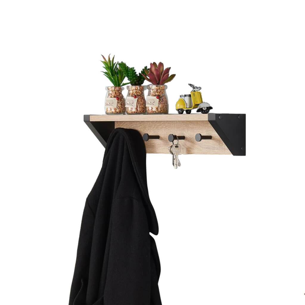 Rustic Weathered Oak And Black Hanging Rack With Top Shelf 