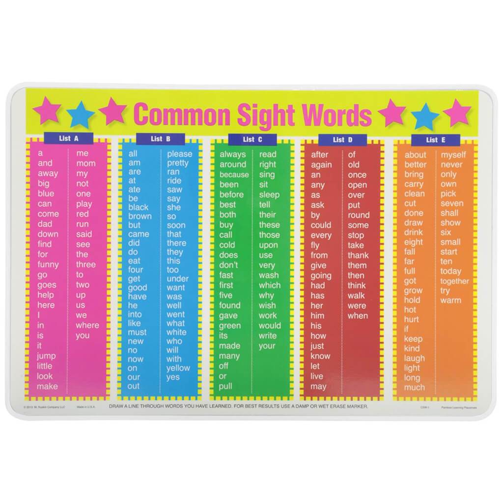 Common Sight Words Placemate 