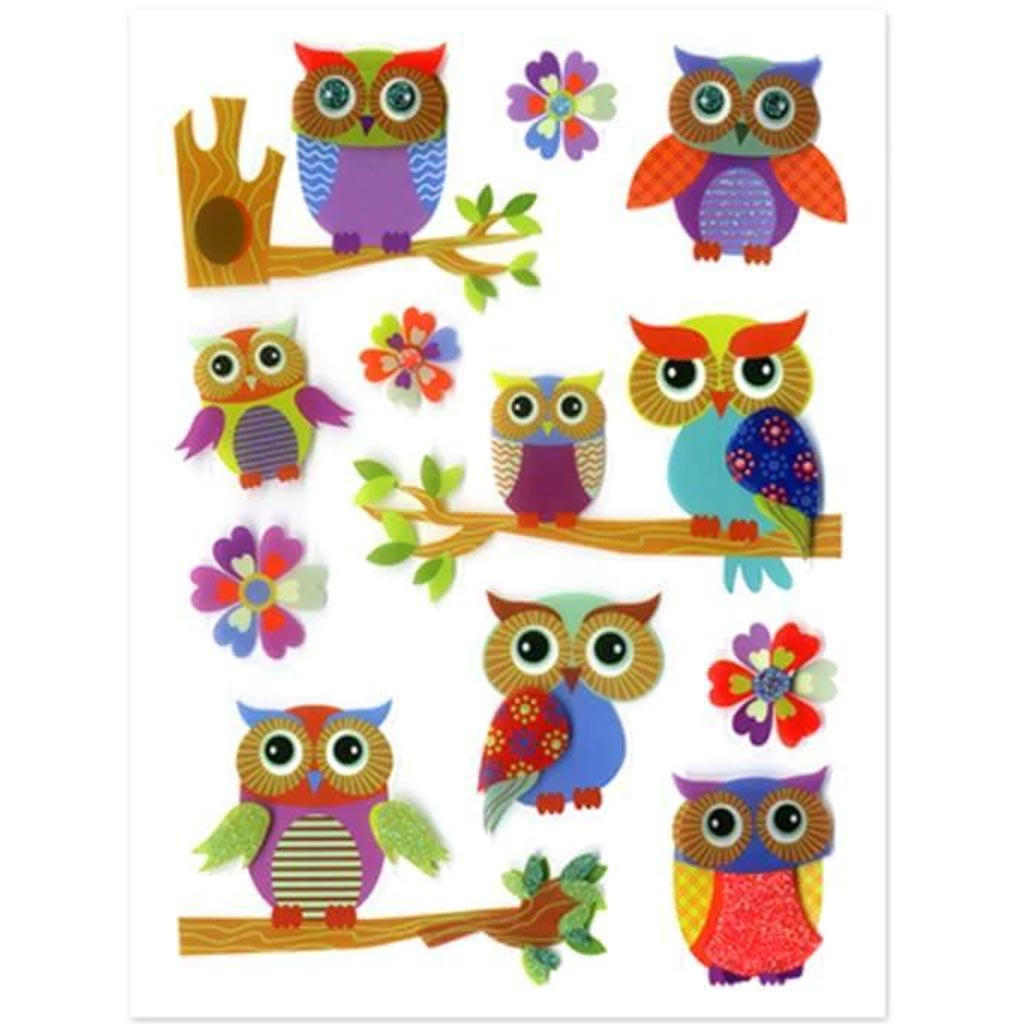HANDMADE STICKER 3D GLITTER OWL 5.88X7.88 