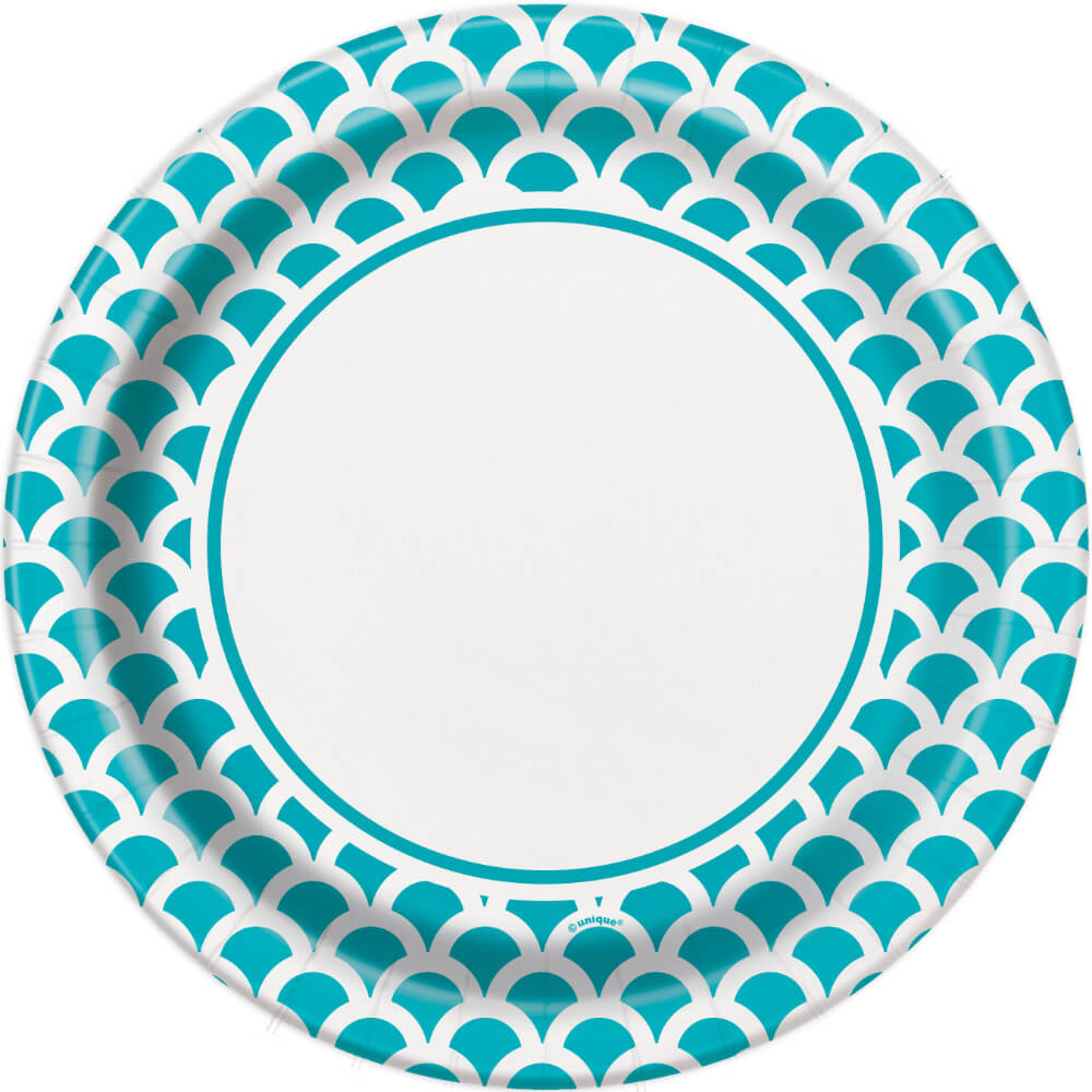 Round Dinner Plates 9in, 8ct, Caribbean Teal Scallop 