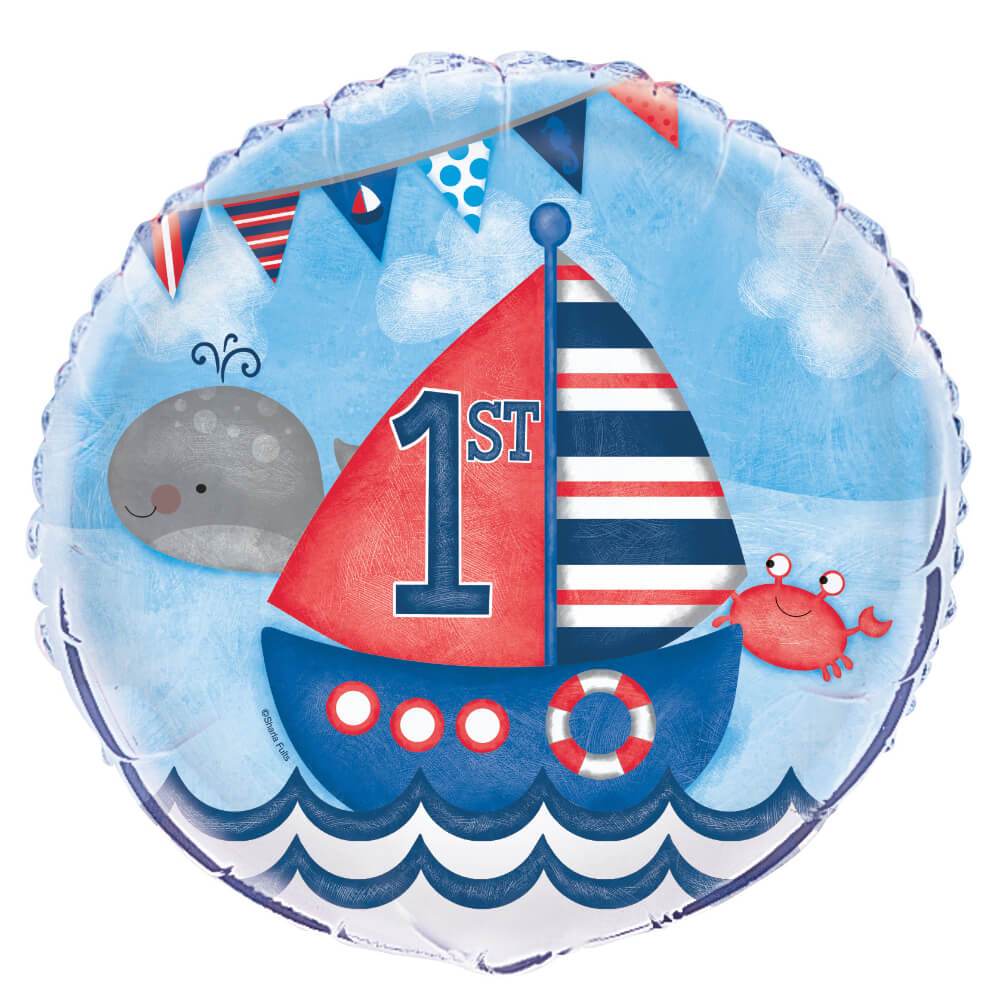 Little Sailor Nautical First Birthday Round Foil Balloon, 18in 