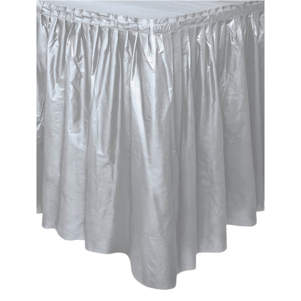 Plastic Table Skirt 29inx14ft, Silver Solid 