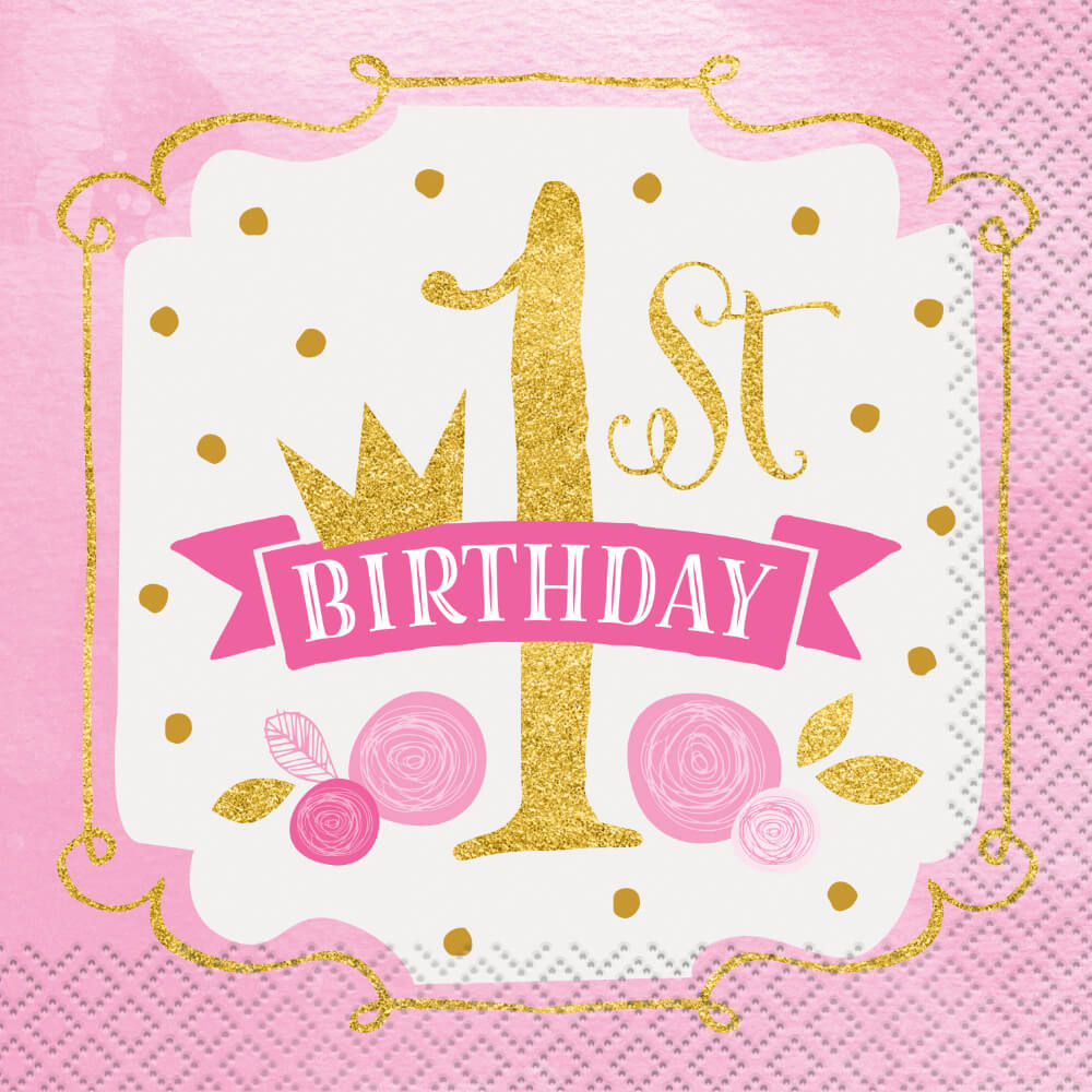 Pink &amp; Gold First Birthday Beverage Napkins, 16ct 