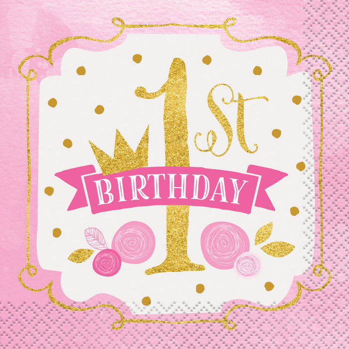 Pink & Gold First Birthday Beverage Napkins, 16ct 