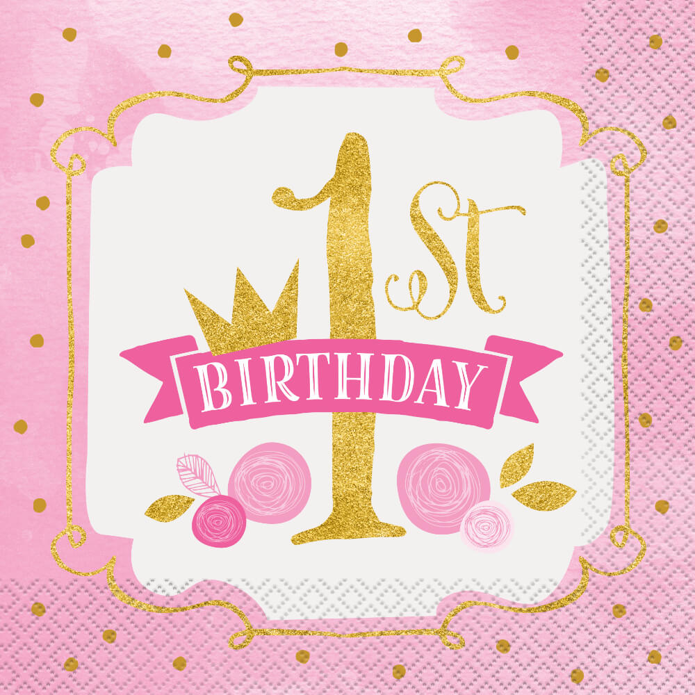 Pink &amp; Gold First Birthday Lunch Napkins, 16ct 