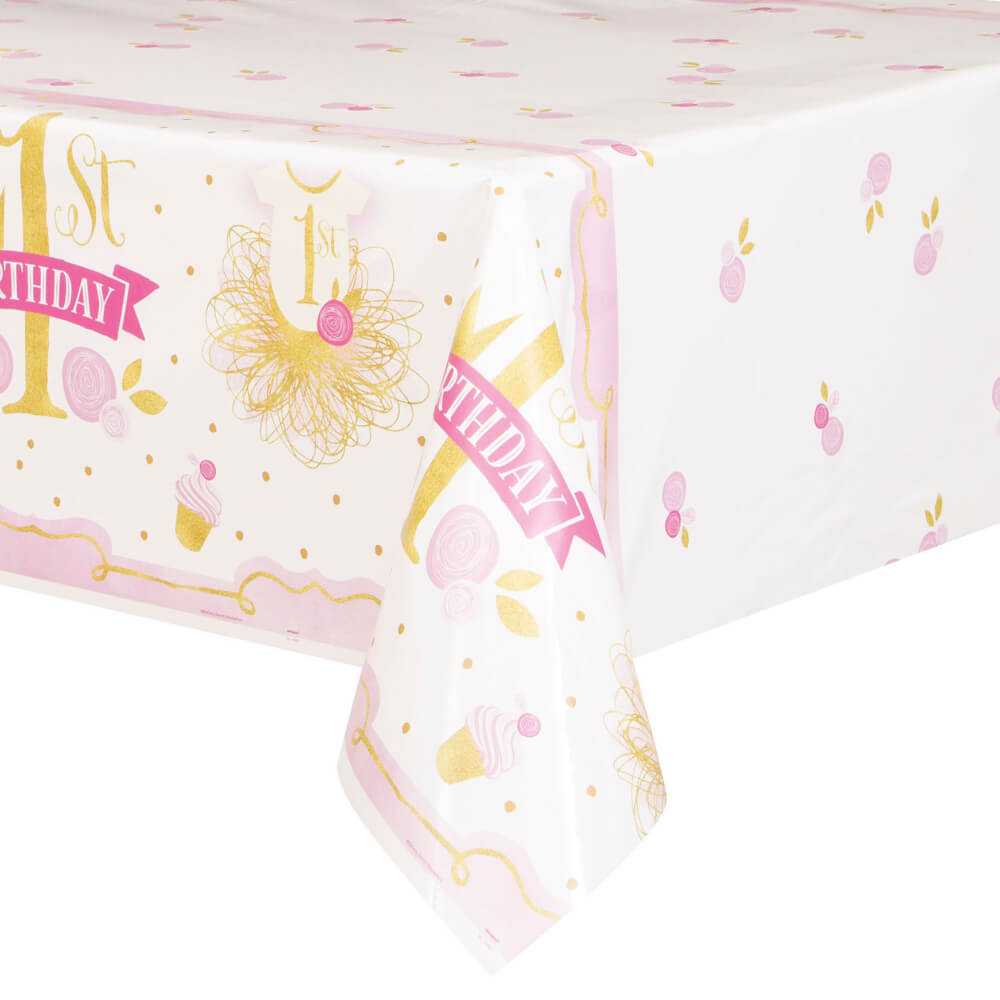 Rectangular Tablecover 54in x 84in, Pink &amp; Gold First Birthday 