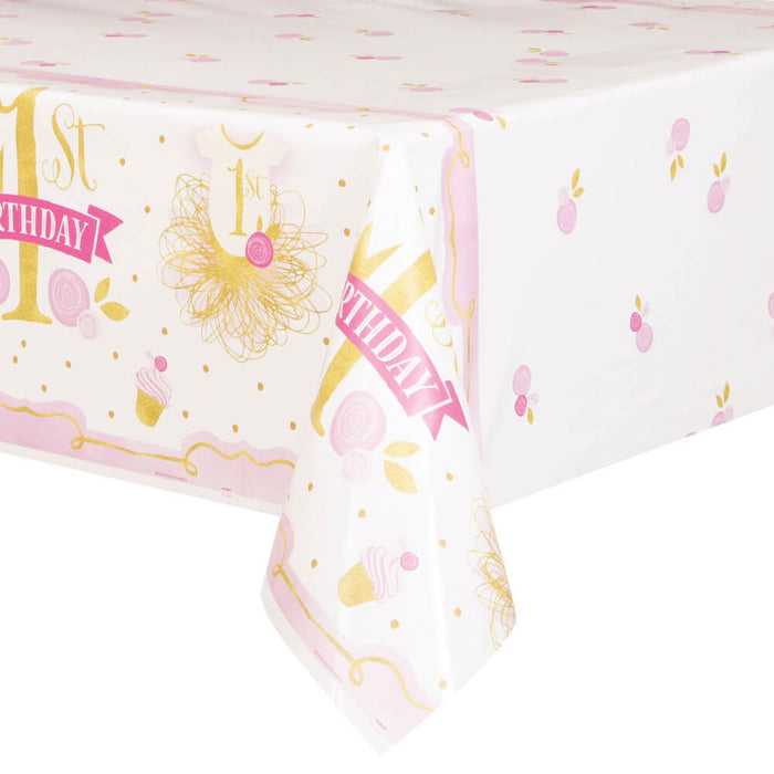 Rectangular Tablecover 54in x 84in, Pink & Gold First Birthday 