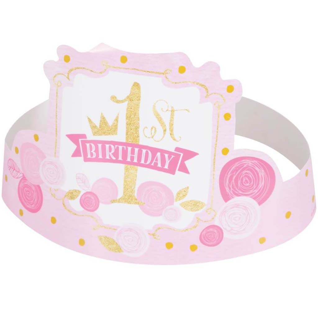 Pink &amp; Gold First Birthday Party Hats, 8ct 