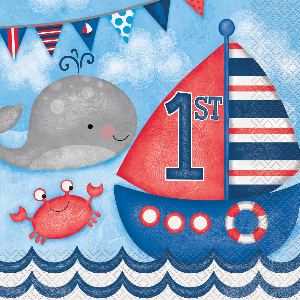 Little Sailor Nautical First Birthday Lunch Napkins, 16ct 