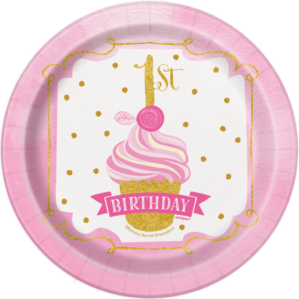 Round Dessert Plates 7in 8ct, Pink &amp; Gold First Birthday 