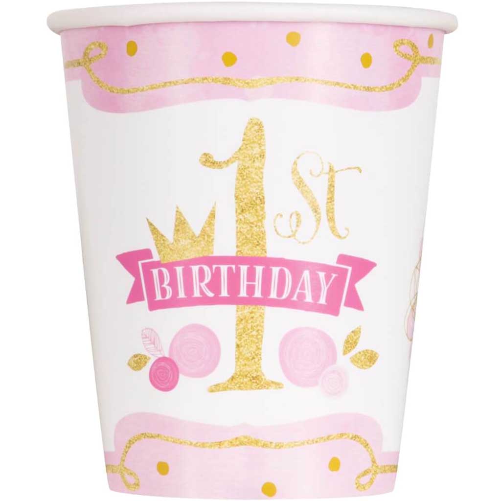 Pink &amp; Gold First Birthday 9oz Paper Cups, 8ct 