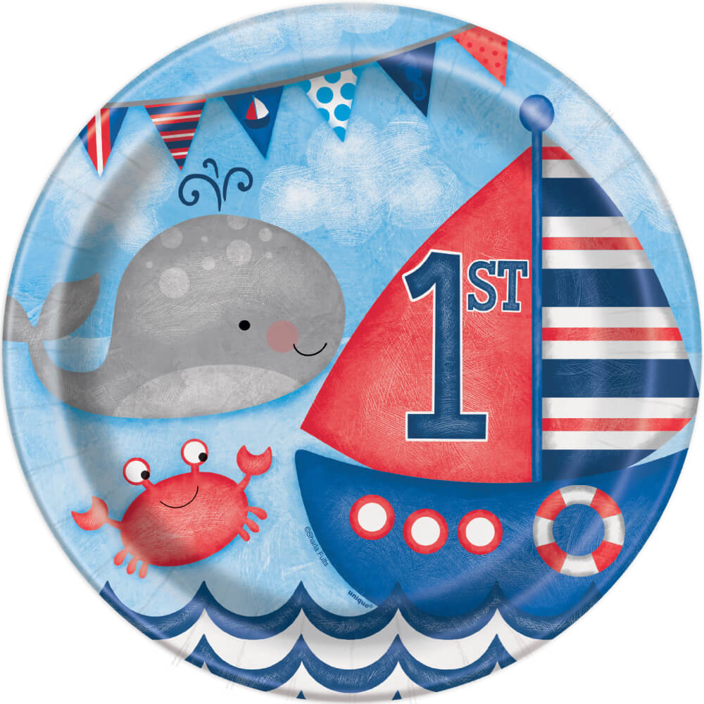 Round Dinner Plates 9in 8ct, Little Sailor Nautical First Birthday 