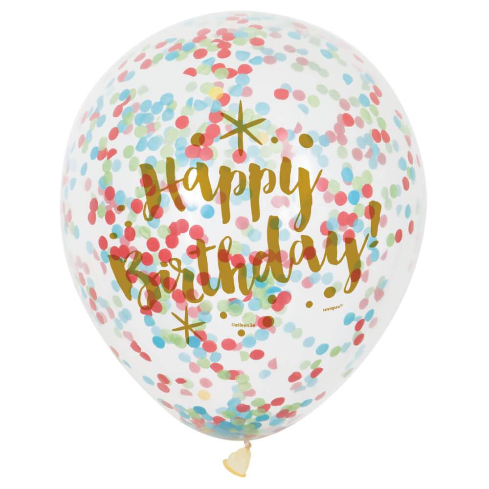 Clear Latex Balloons with Confetti 12in 6ct, Glitzy Gold Birthday 