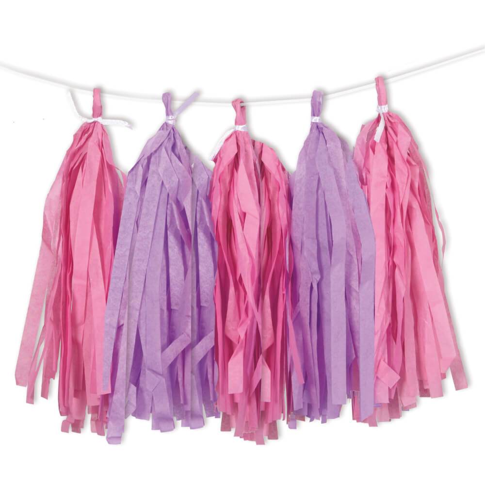 Tissue Tassel Garland 9ft, Pink and Purple 