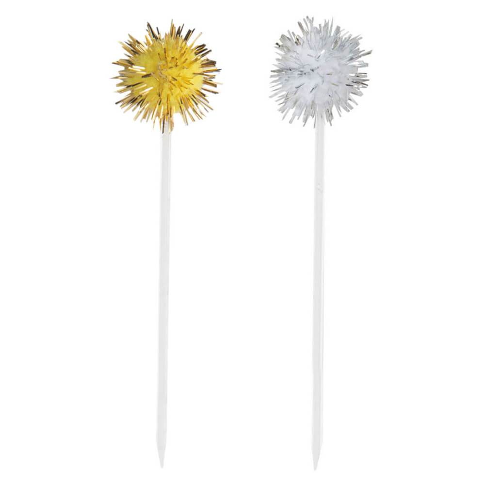 Food and Cocktail Picks 8ct, Silver and Gold Pom Pom 