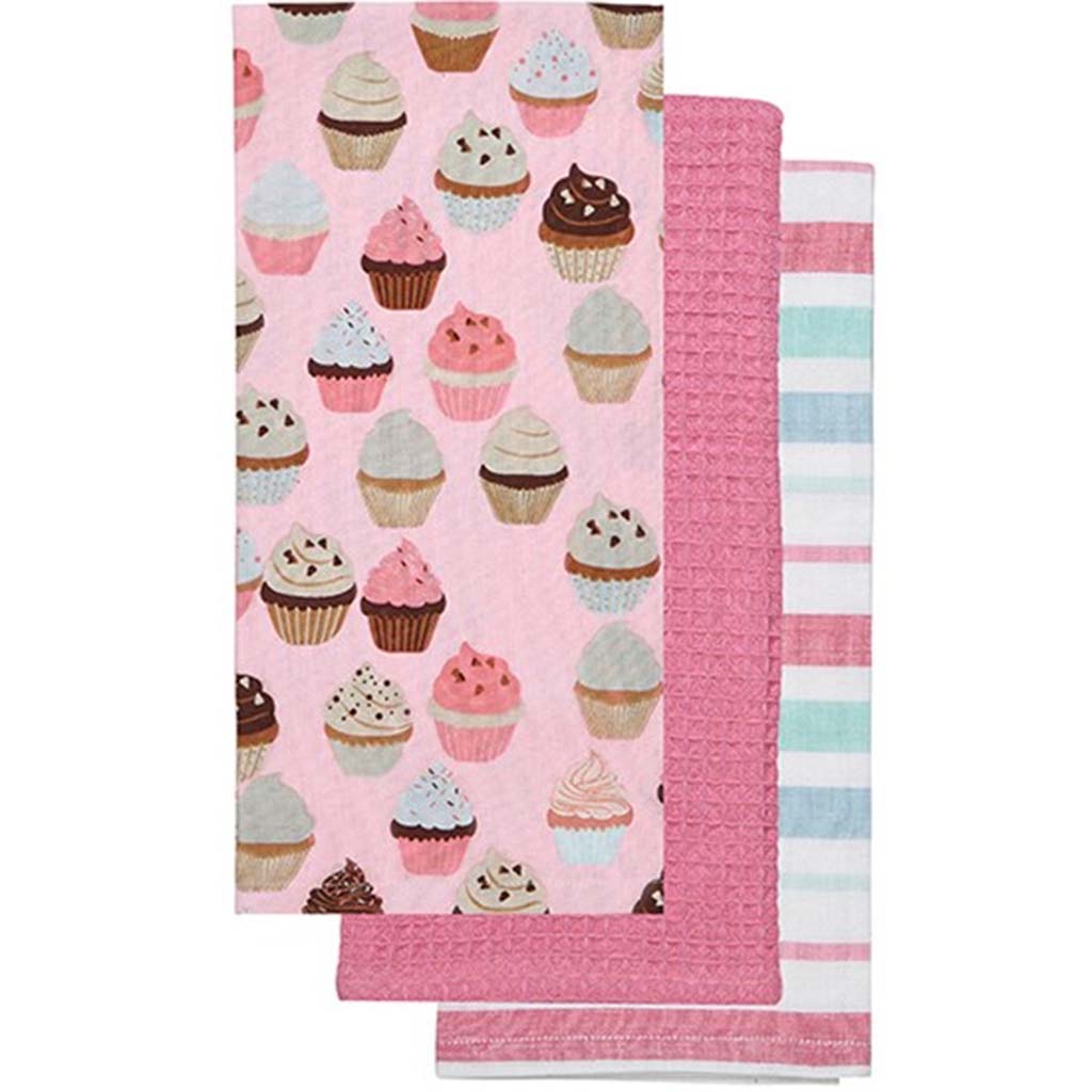 Cupcake Kitchen Towel Set Of 3 Pink, 18in X 26in