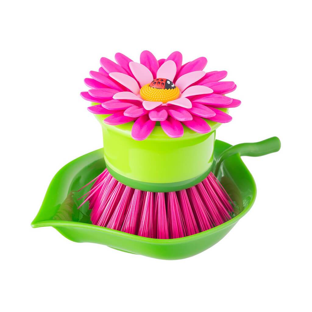 FLOWER POWER PALM DISH BRUSH WITH HOLDER PINK 10IN