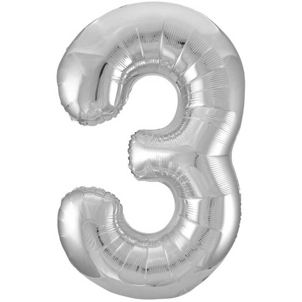 Silver Number 3 Shaped Foil Balloon 34in 