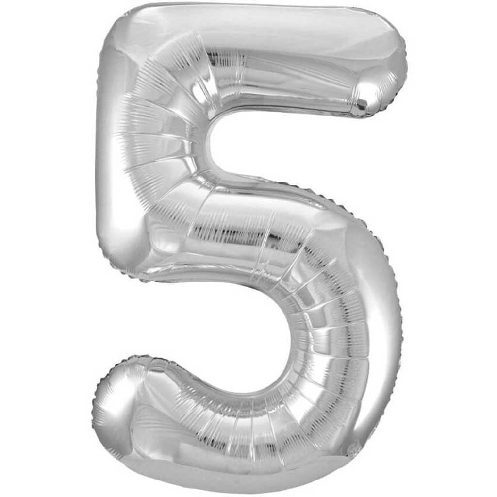 Silver Number 5 Shaped Foil Balloon, 34in 