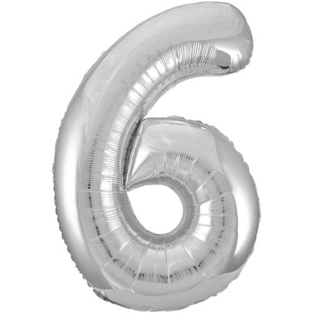 Silver Number 6 Shaped Foil Balloon, 34in 