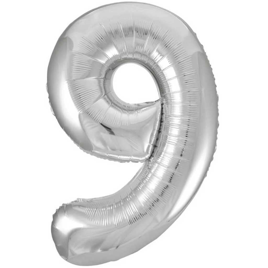 Silver Number 9 Shaped Foil Balloon, 34in 