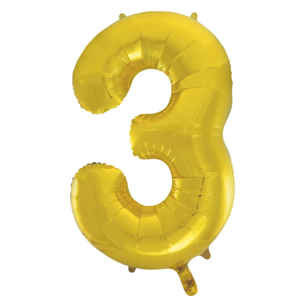 Gold Number 3 Shaped Foil Balloon, 34in 