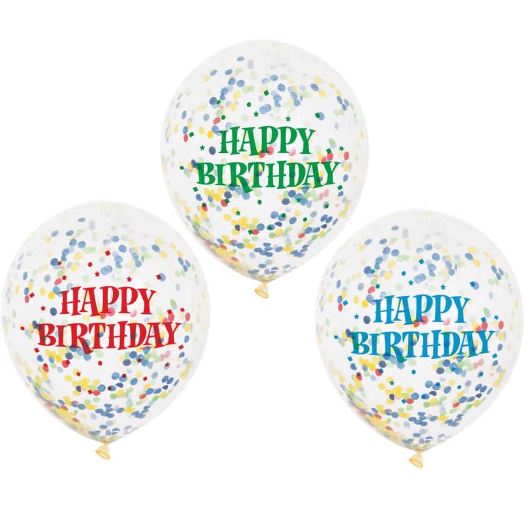 Clear Latex Balloons 12in 6ct, with Birthday Bright Confetti 