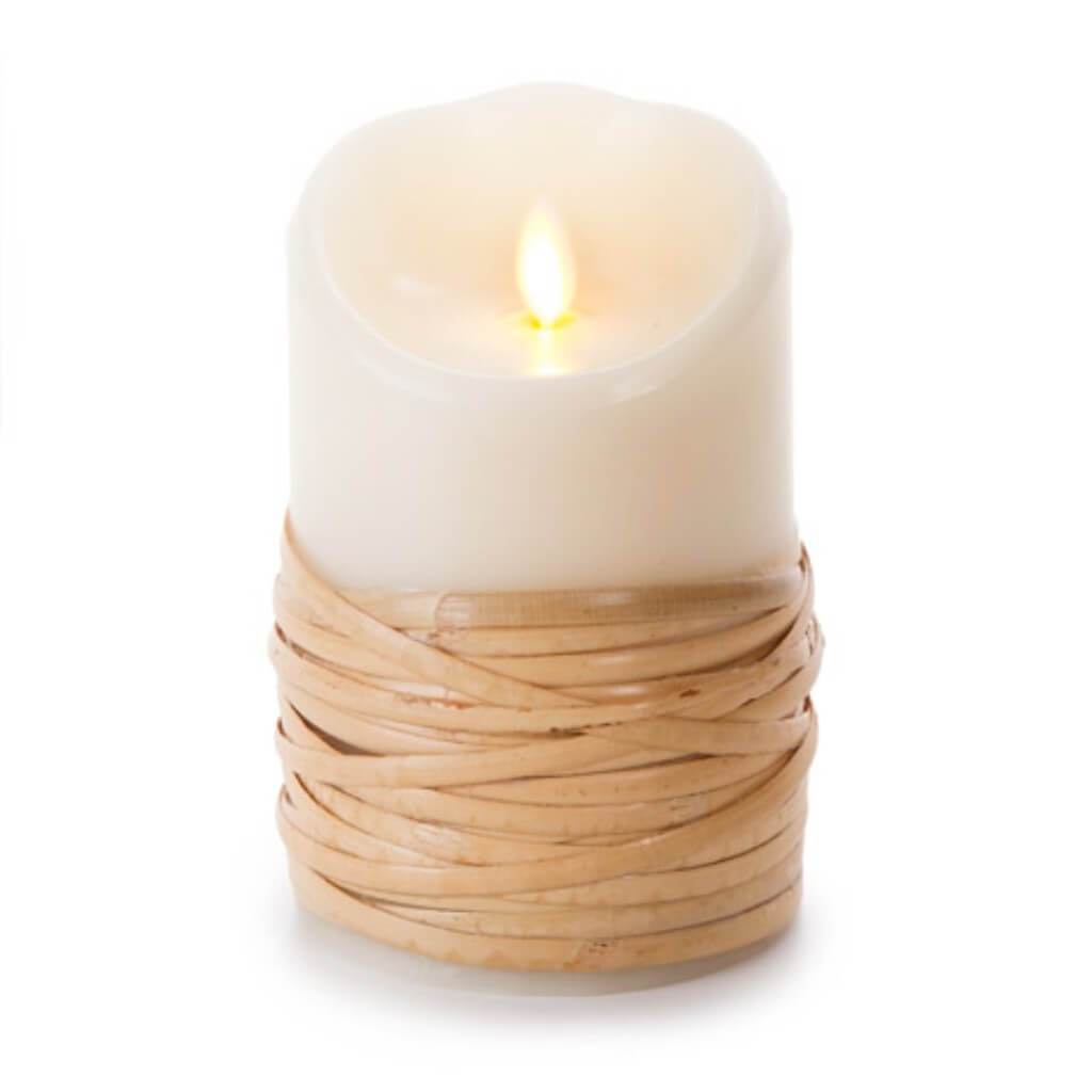 CANDLE PILLAR FLAMELESS REED WRAPPED 3.5X5IN 