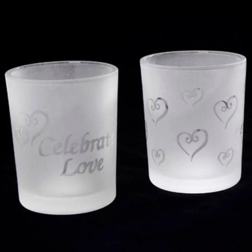 Frosted &amp; Etched Glass Votive Candle Holders Love Theme 2 Assorted