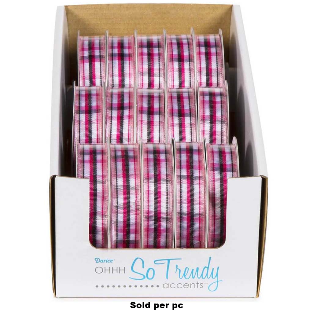 PLAID RIBBON PINK/BLACK/WHITE 5/8INX3YRD 