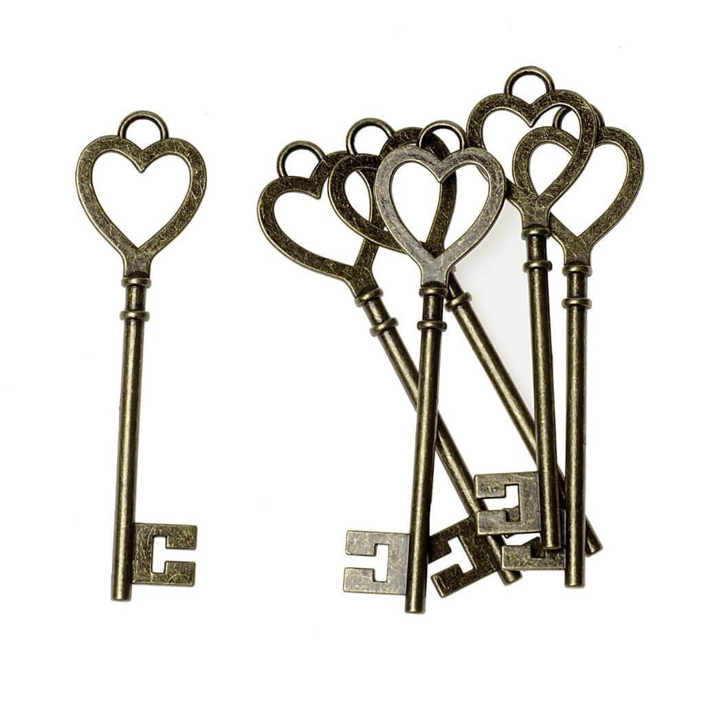 CHARMS VINTAGE BRASS HEART KEY 6PCS 3IN 