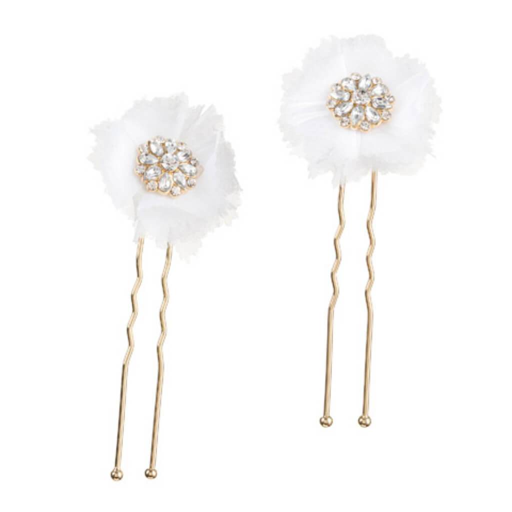 David Tutera™ Bridal Hair Pins: Gold Flower w/Rhinestones &amp; Netting, 2 pieces