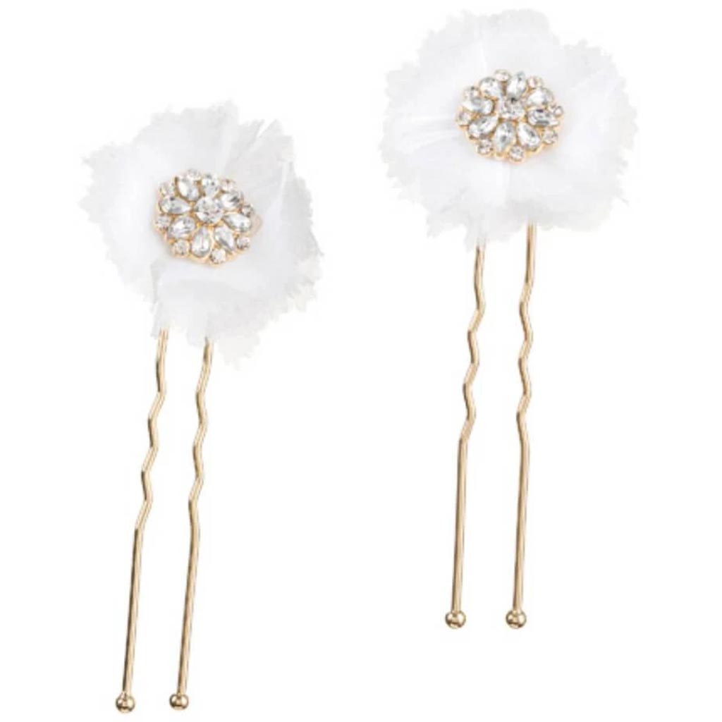 David Tutera™ Bridal Hair Pins: Gold Flower w/Rhinestones &amp; Netting, 2 pieces 