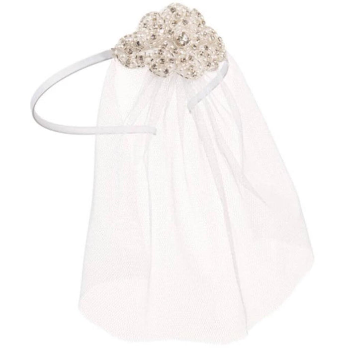 David Tutera Bridal Headband Veil w/Beaded Silver Applique & White Tulle 