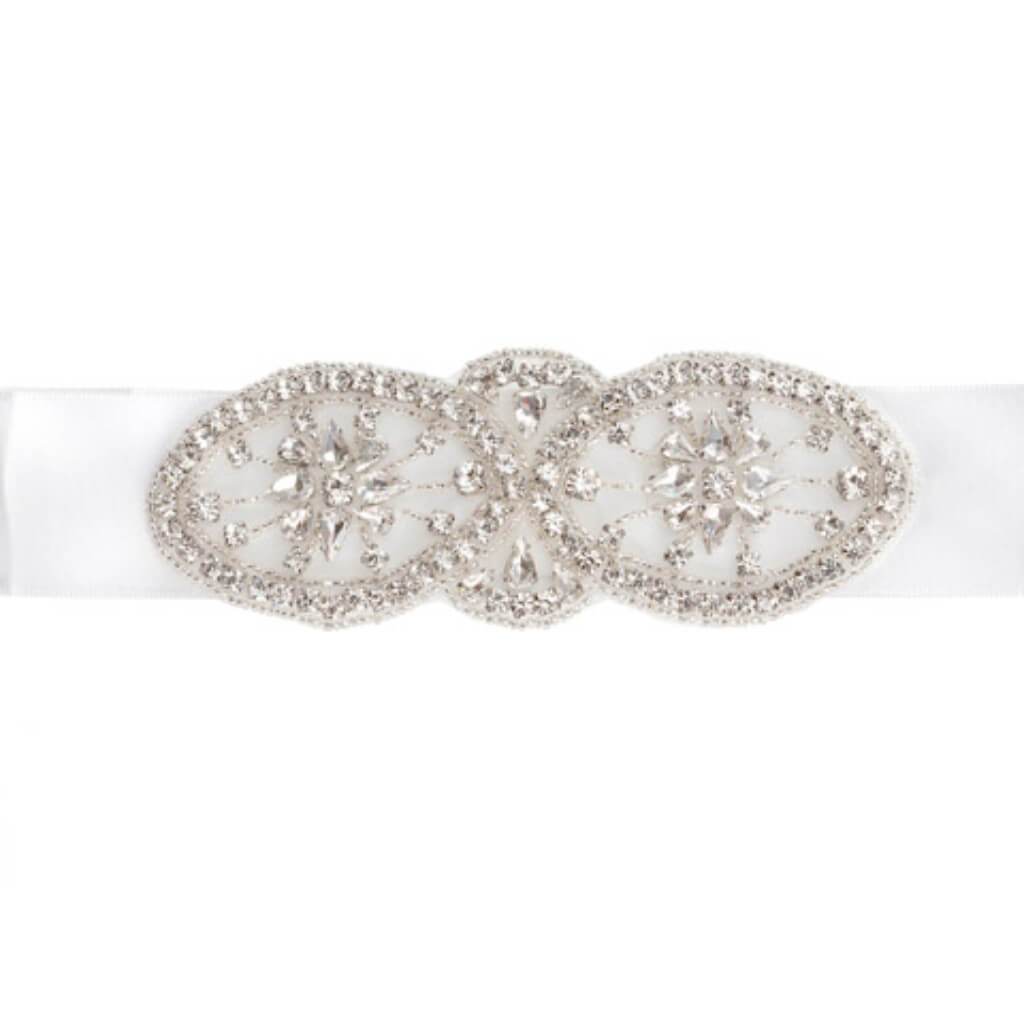 David Tutera™ Wedding Dress Belts: White Satin Sash w/Crystal Rhinestone Design 