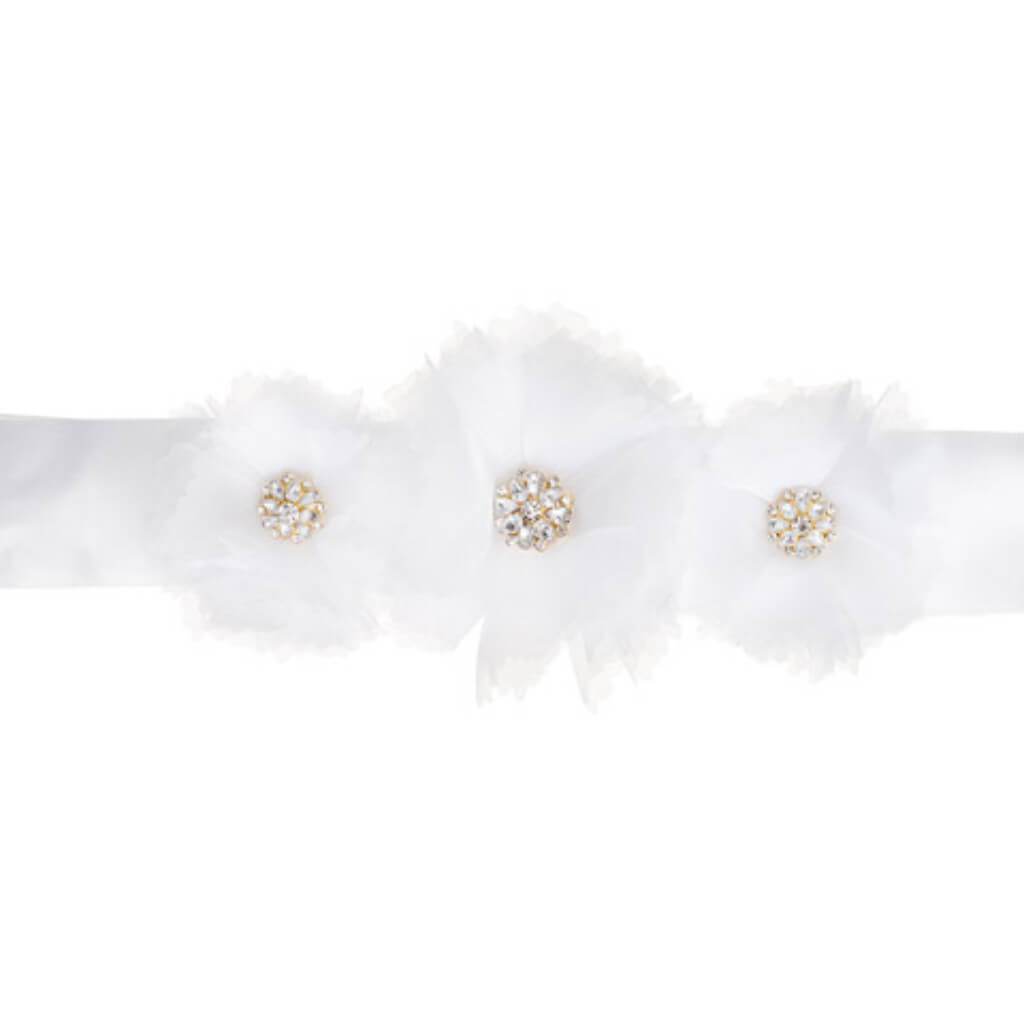 David Tutera™ Wedding Dress Belts: White Satin Sash w/Flower Embellishments 