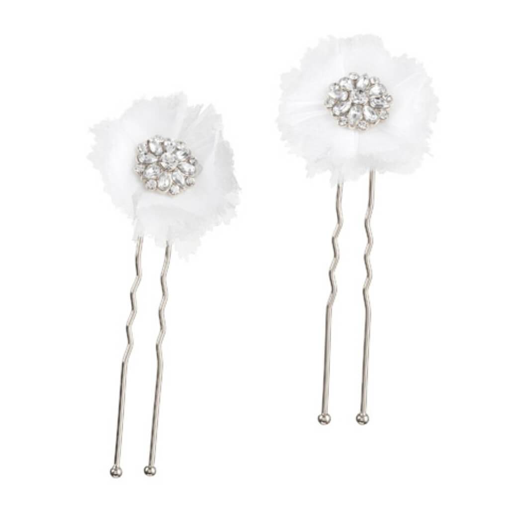 David Tutera Bridal Hair Pins: Silver Flower w/Rhinestones &amp; Netting, 2 pieces