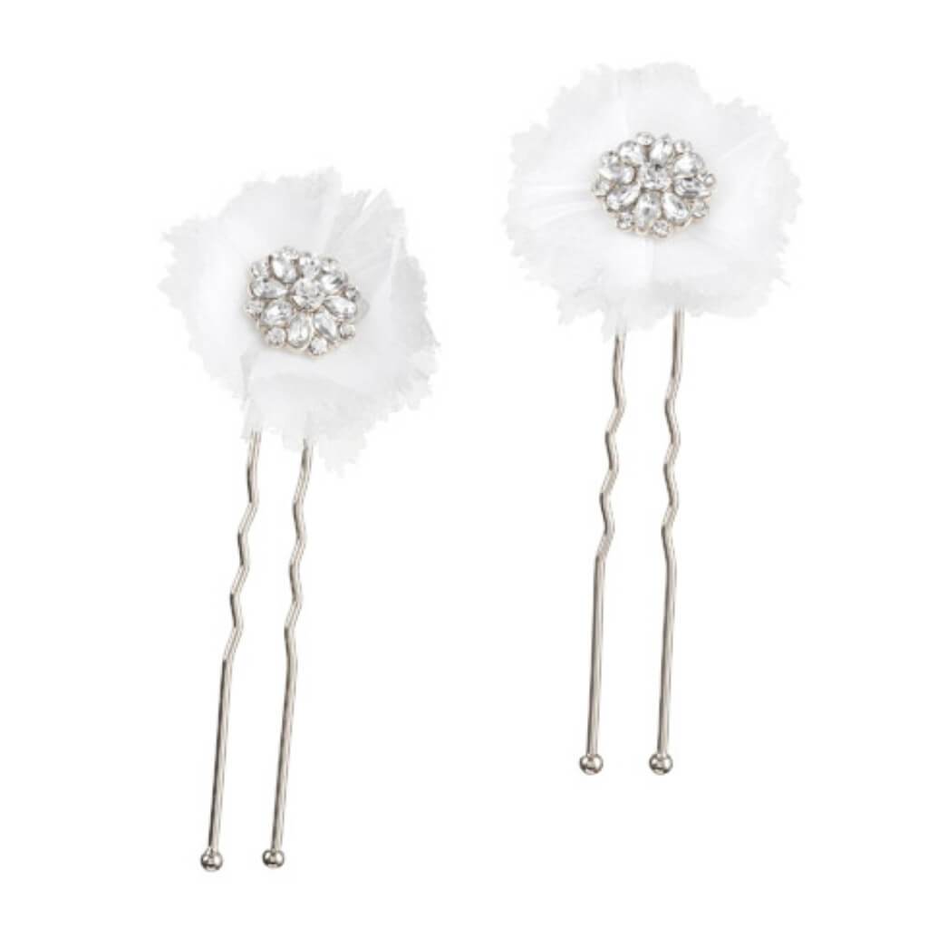 David Tutera Bridal Hair Pins: Silver Flower w/Rhinestones & Netting, 2 pieces