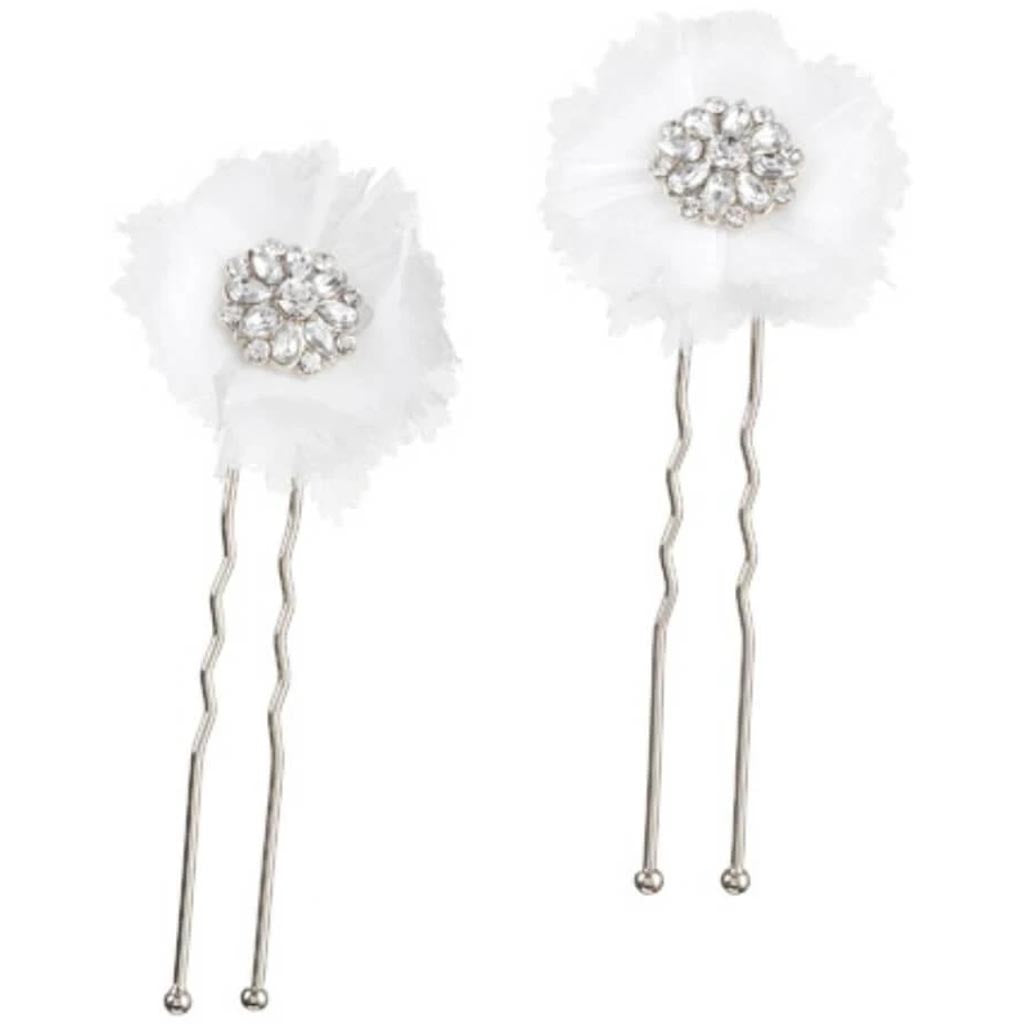 David Tutera Bridal Hair Pins: Silver Flower w/Rhinestones &amp; Netting, 2 pieces 