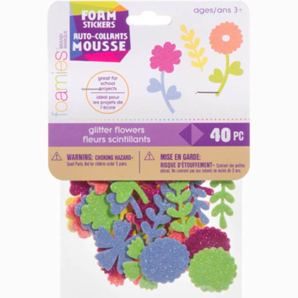 Foamies Glitter Flower Stickers: 1 to 1.25 inches 40 pieces 