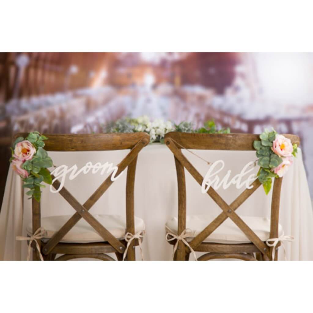 Victoria Lynn™ Script Bride &amp; Groom Chair Signs: White MDF 