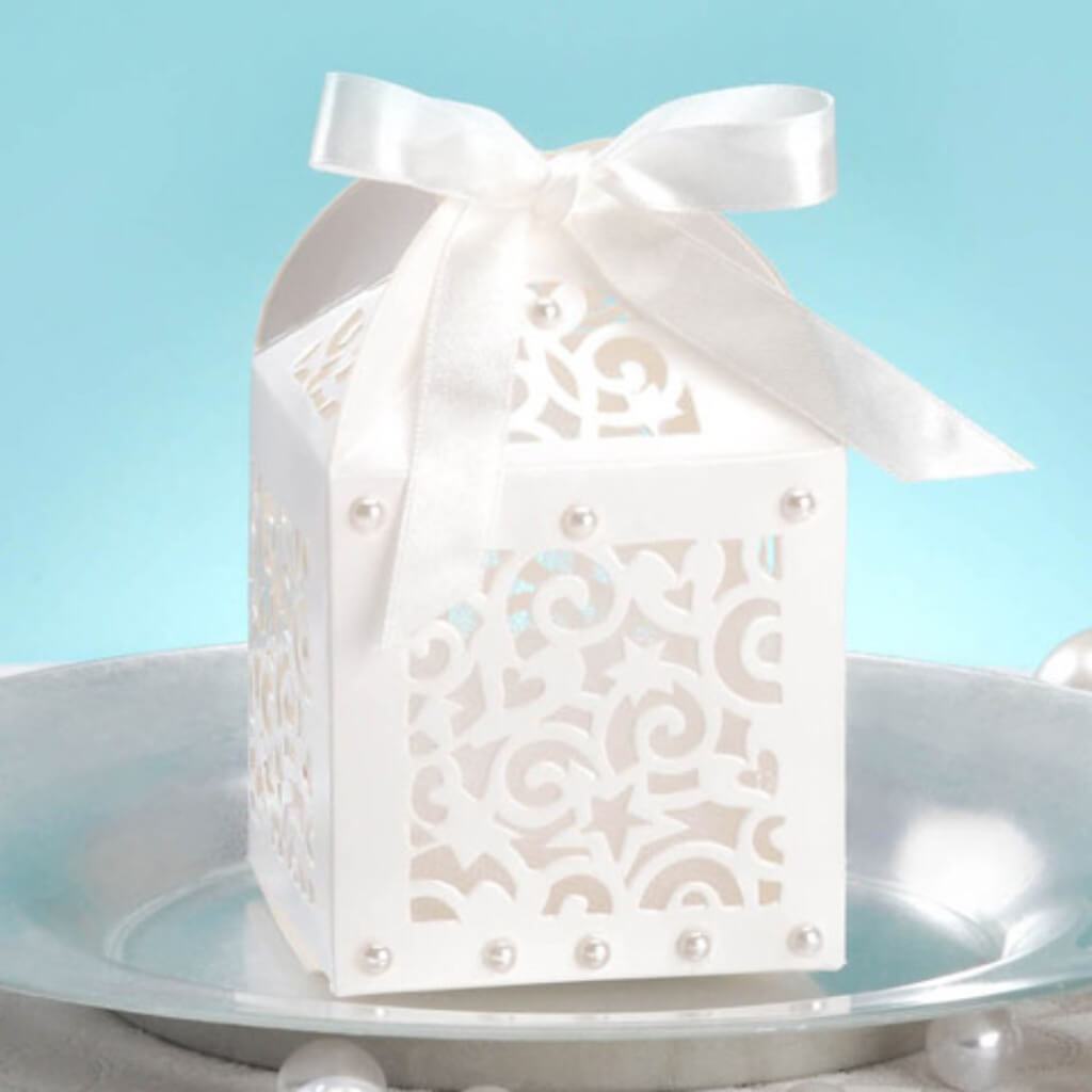 David Tutera Laser Cut Favor Box with Ribbon Tie Cream 