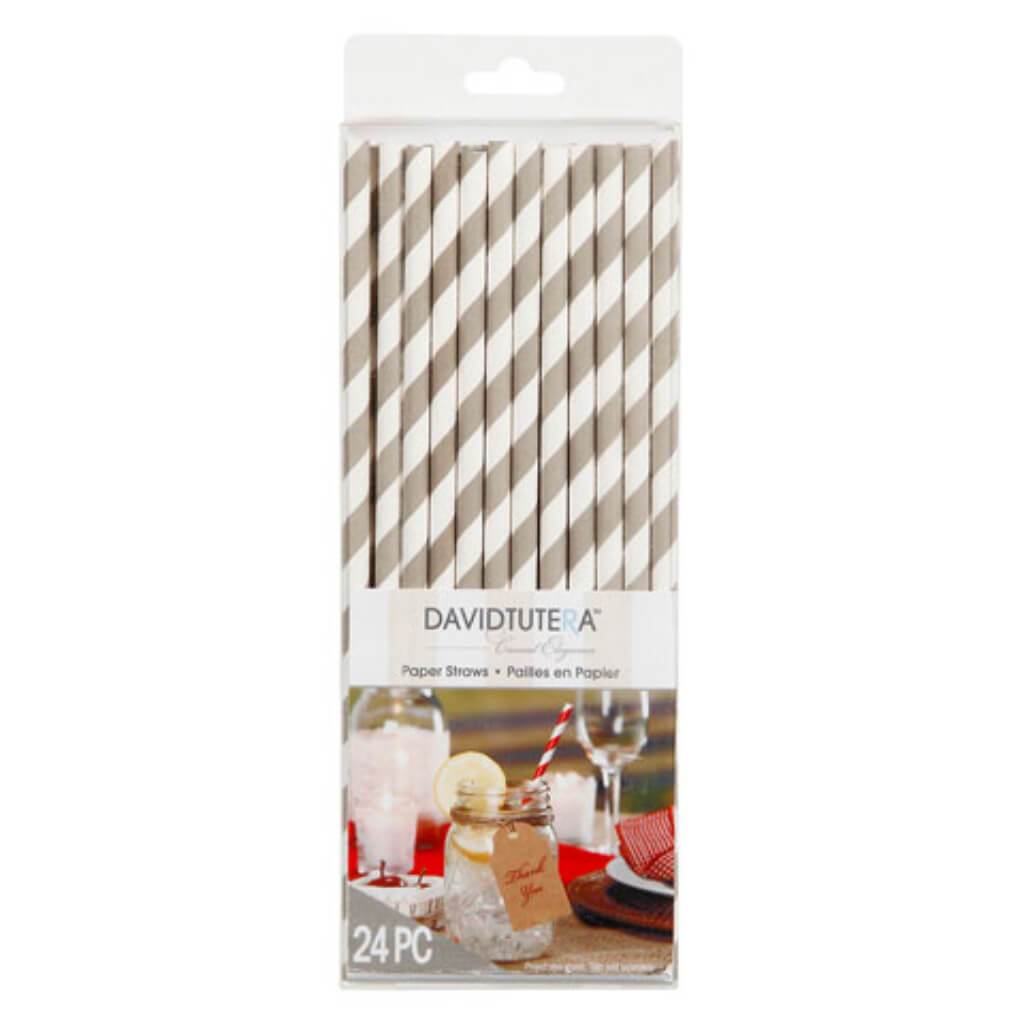 PAPER STRAWS STRIPE TAUPE 24PCS 