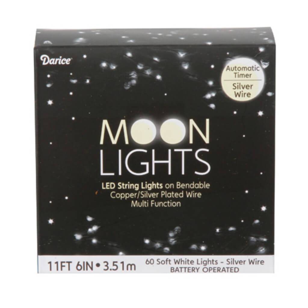 Moon Lights 60 LED Soft White Lights with 3-Way Timer Silver Plated 