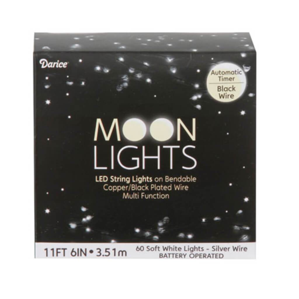 Moon Lights 60 LED Soft White Lights 3-Way Timer Black Plated 