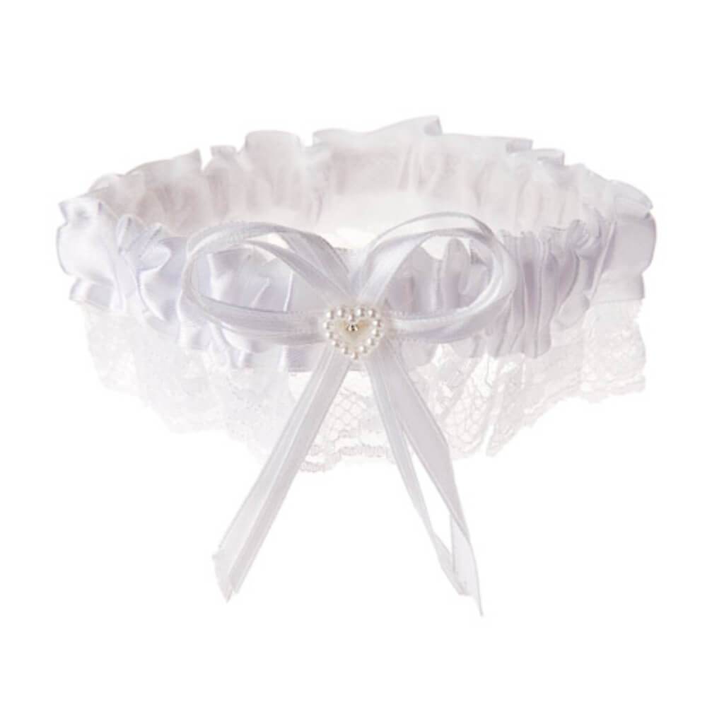 Garter Satin and Lace Trim with Heart White 