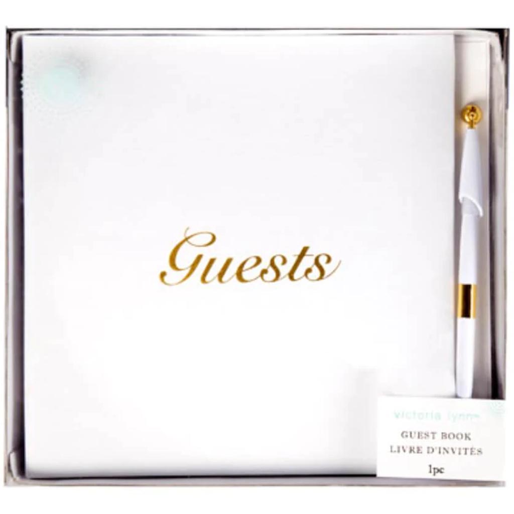 Guest Book with Pen White with Gold Script 9.5 x 9.5 inches 