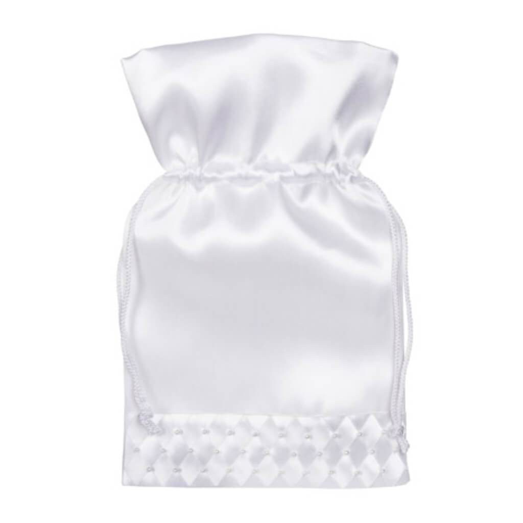 Satin Bridal Drawstring Bag White with Pearl 7 x 10 inches